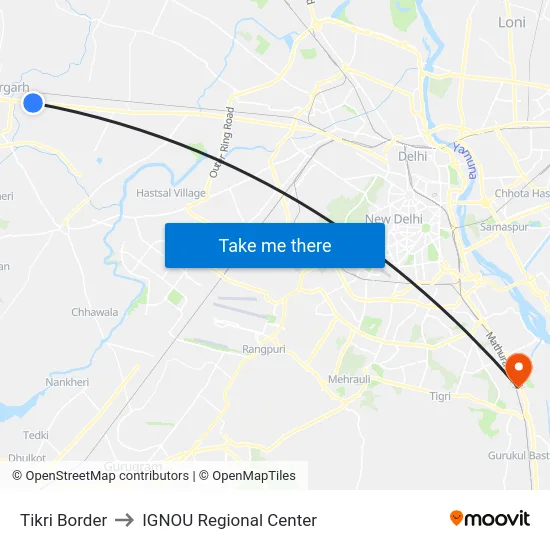 Tikri Border to IGNOU Regional Center map