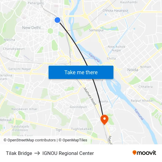 Tilak Bridge to IGNOU Regional Center map