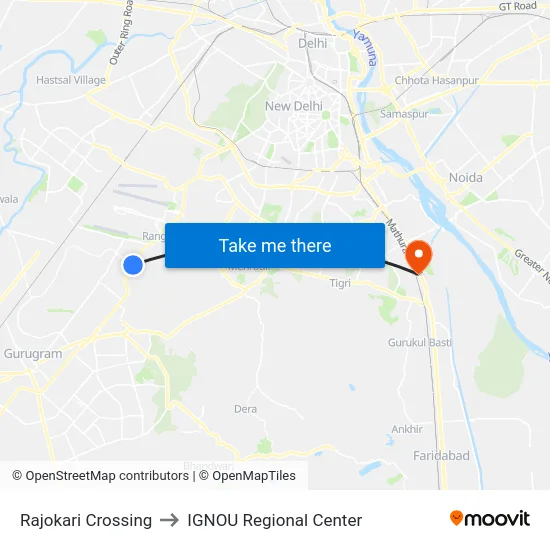 Rajokari Crossing to IGNOU Regional Center map