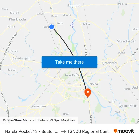Narela Pocket 13 / Sector A9 to IGNOU Regional Center map