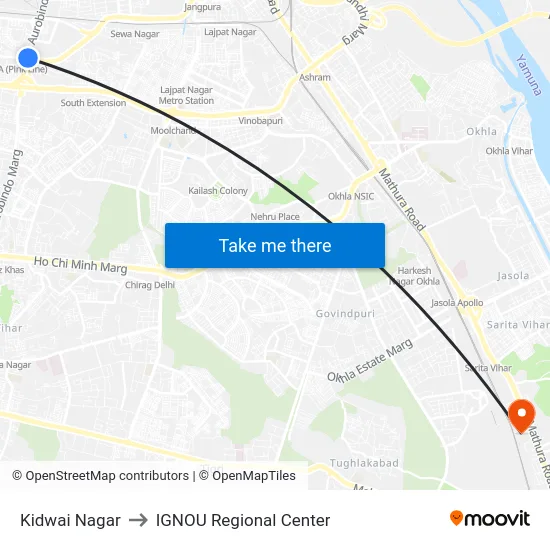 Kidwai Nagar to IGNOU Regional Center map