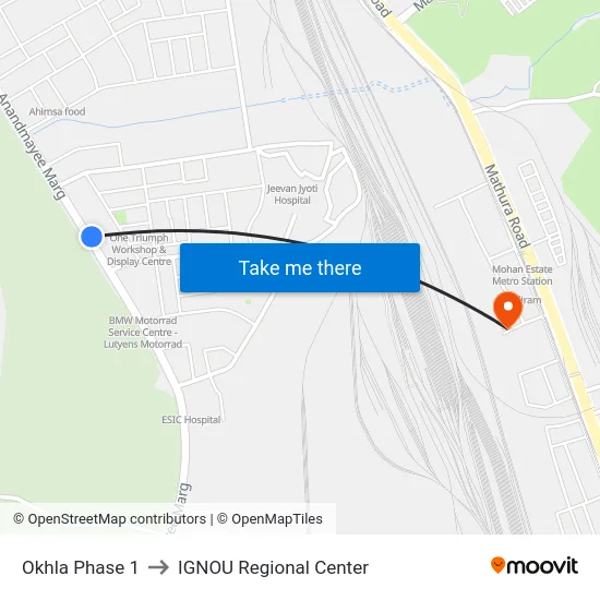 Okhla Phase 1 to IGNOU Regional Center map