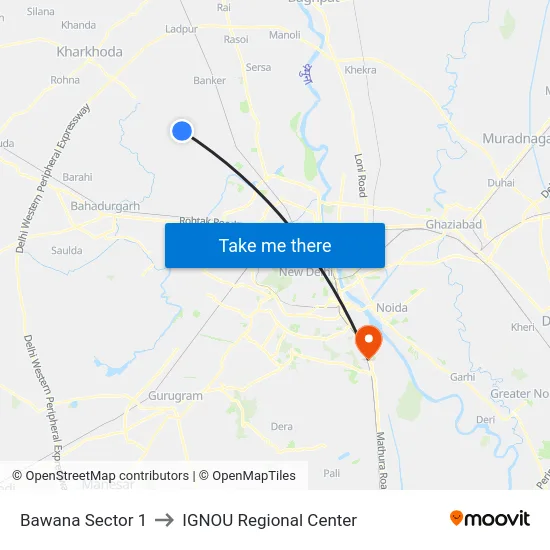 Bawana Sector 1 to IGNOU Regional Center map