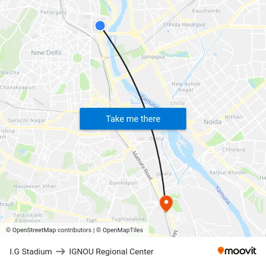 I.G Stadium to IGNOU Regional Center map