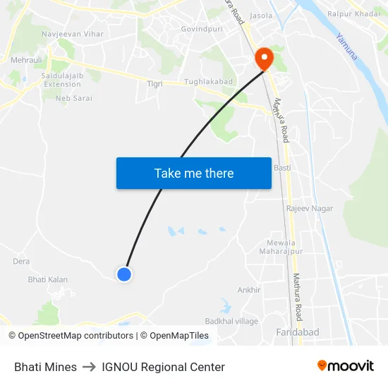 Bhati Mines to IGNOU Regional Center map