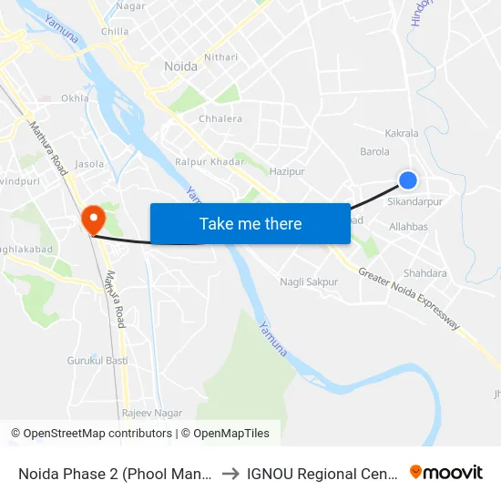 Noida Phase 2 (Phool Mandi) to IGNOU Regional Center map