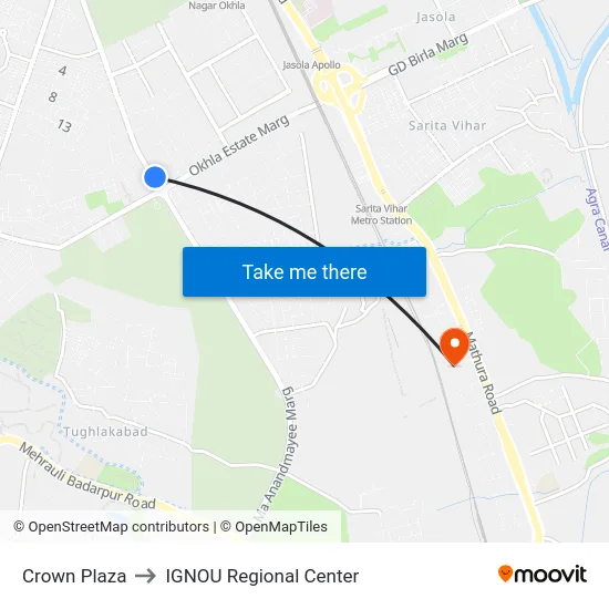 Crown Plaza to IGNOU Regional Center map