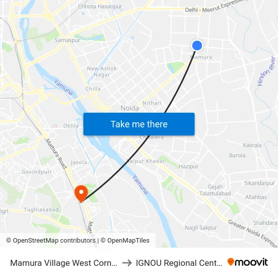 Mamura Village West Corner to IGNOU Regional Center map