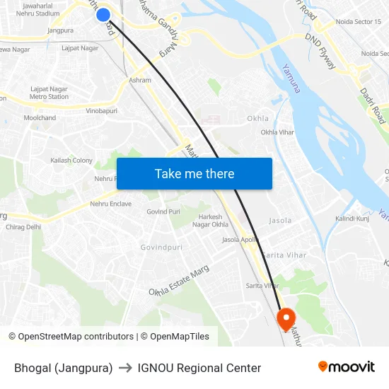 Bhogal (Jangpura) to IGNOU Regional Center map