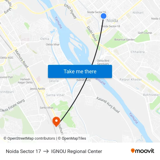 Noida Sector 17 to IGNOU Regional Center map