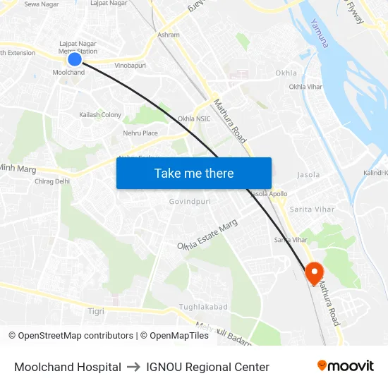 Moolchand Hospital to IGNOU Regional Center map