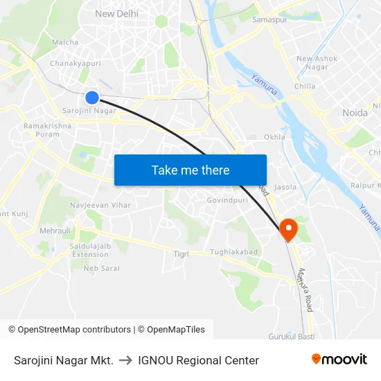 Sarojini Nagar Mkt. to IGNOU Regional Center map