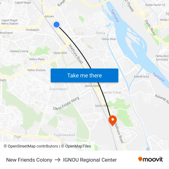 New Friends Colony to IGNOU Regional Center map