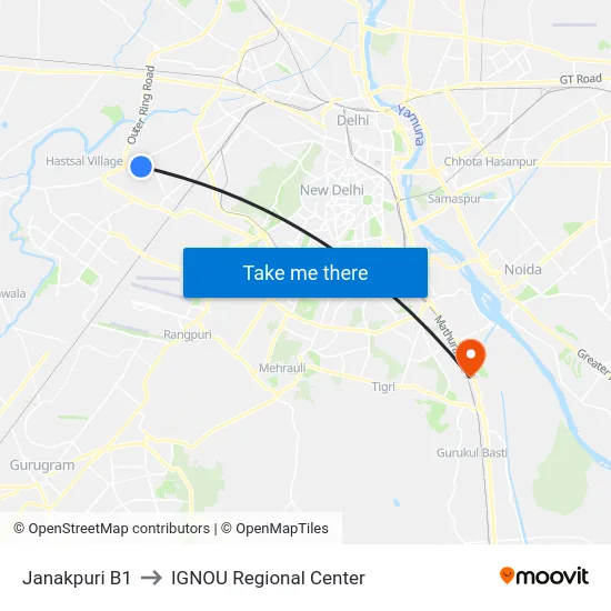 Janakpuri B1 to IGNOU Regional Center map