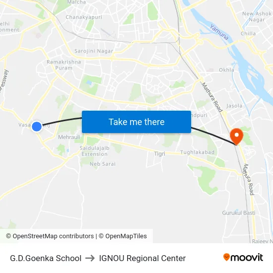 G.D.Goenka School to IGNOU Regional Center map