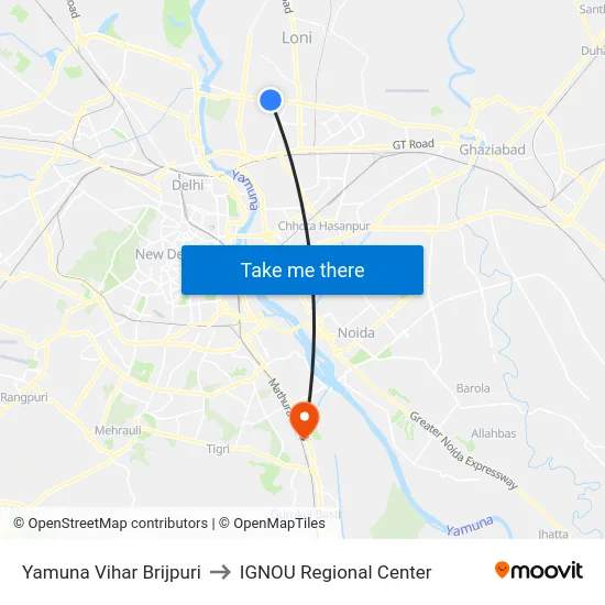 Yamuna Vihar Brijpuri to IGNOU Regional Center map