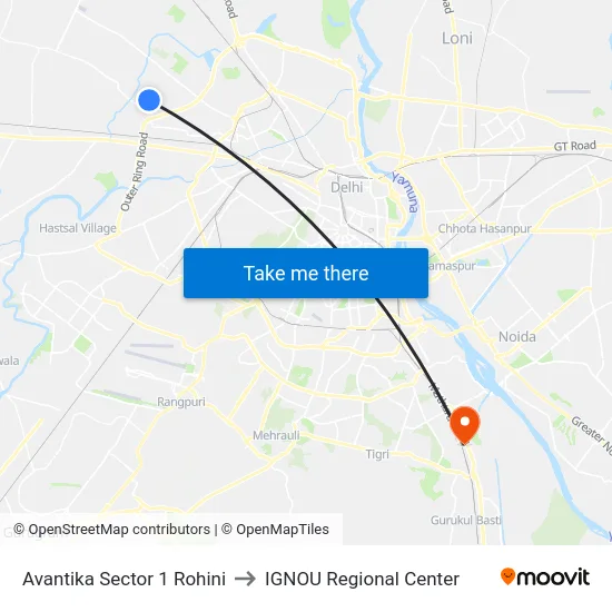 Avantika Sector 1 Rohini to IGNOU Regional Center map