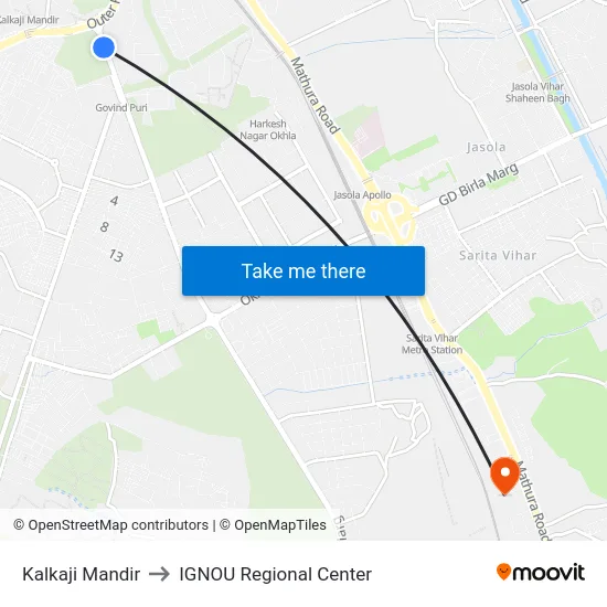 Kalkaji Mandir to IGNOU Regional Center map