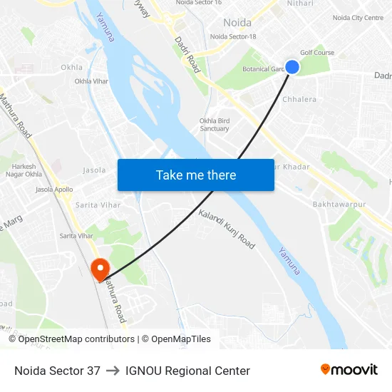 Noida Sector 37 to IGNOU Regional Center map