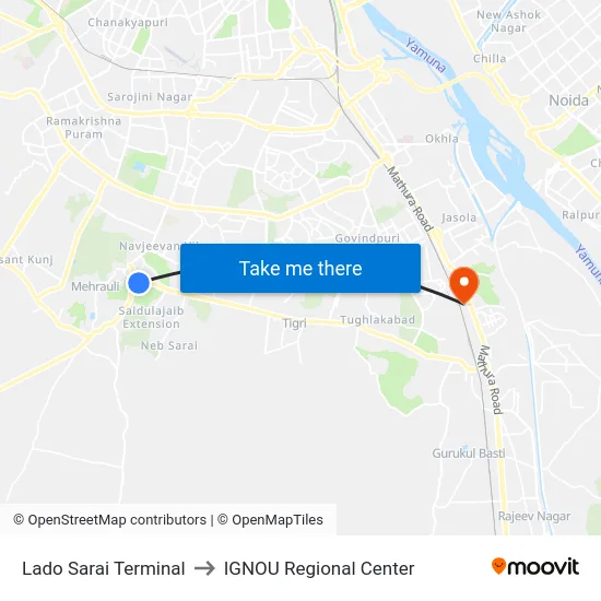 Lado Sarai Terminal to IGNOU Regional Center map