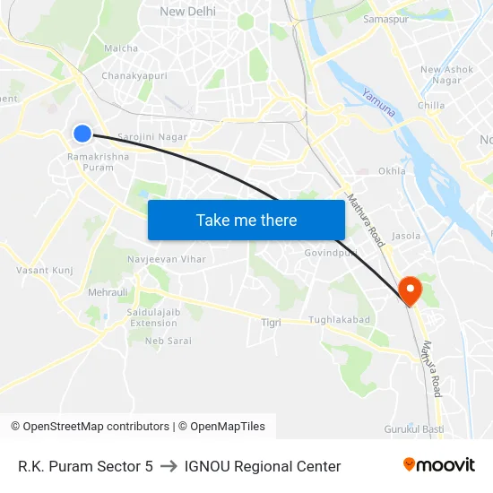 R.K. Puram Sector 5 to IGNOU Regional Center map