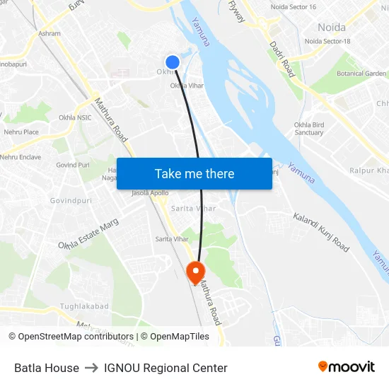 Batla House to IGNOU Regional Center map