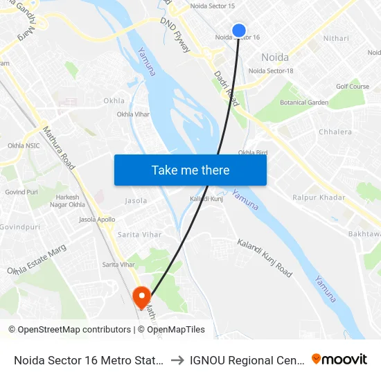 Noida Sector 16 Metro Station to IGNOU Regional Center map