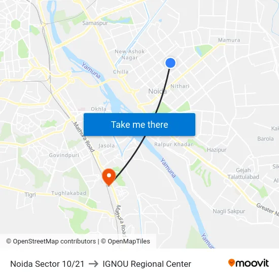 Noida Sector 10/21 to IGNOU Regional Center map