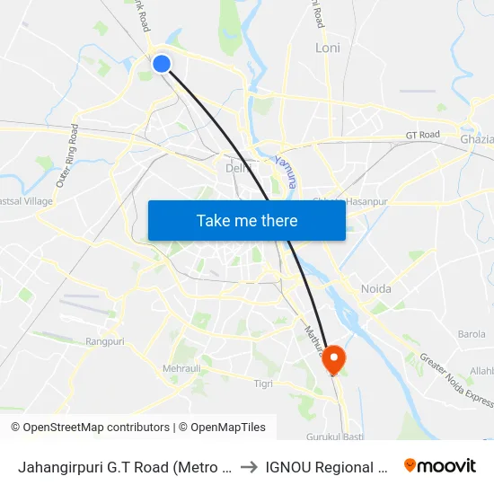Jahangirpuri G.T Road (Metro Station) to IGNOU Regional Center map