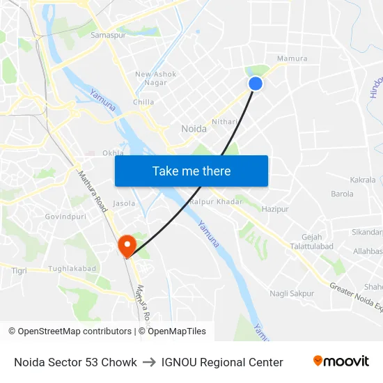 Noida Sector 53 Chowk to IGNOU Regional Center map