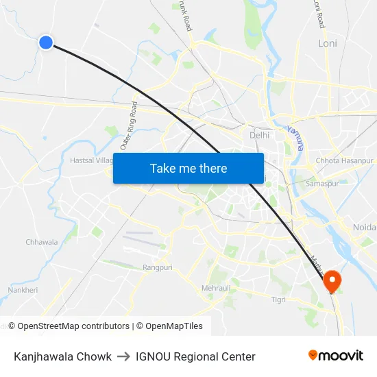 Kanjhawala Chowk to IGNOU Regional Center map