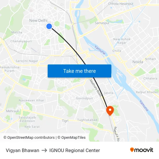 Vigyan Bhawan to IGNOU Regional Center map