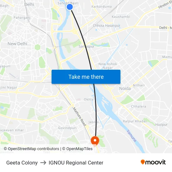 Geeta Colony to IGNOU Regional Center map