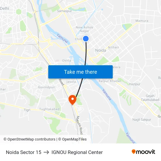 Noida Sector 15 to IGNOU Regional Center map