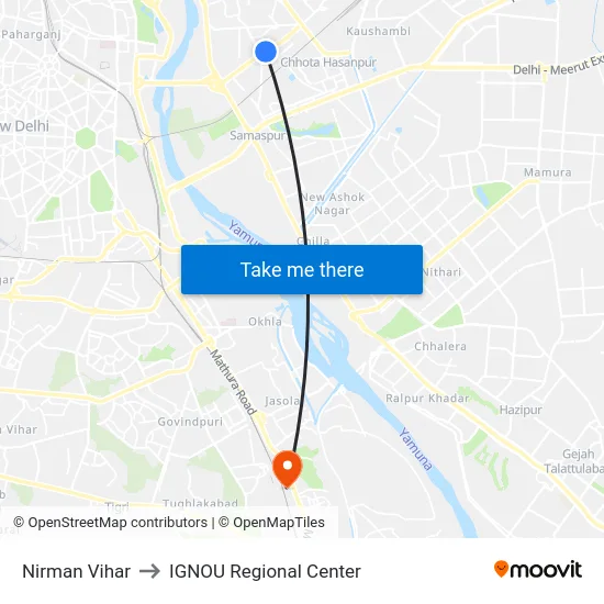 Nirman Vihar to IGNOU Regional Center map