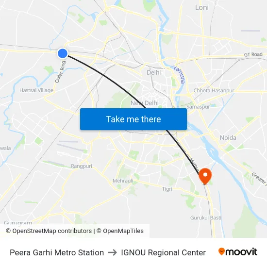 Peera Garhi Metro Station to IGNOU Regional Center map