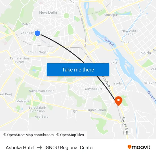 Ashoka Hotel to IGNOU Regional Center map
