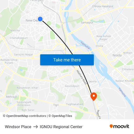 Windsor Place to IGNOU Regional Center map