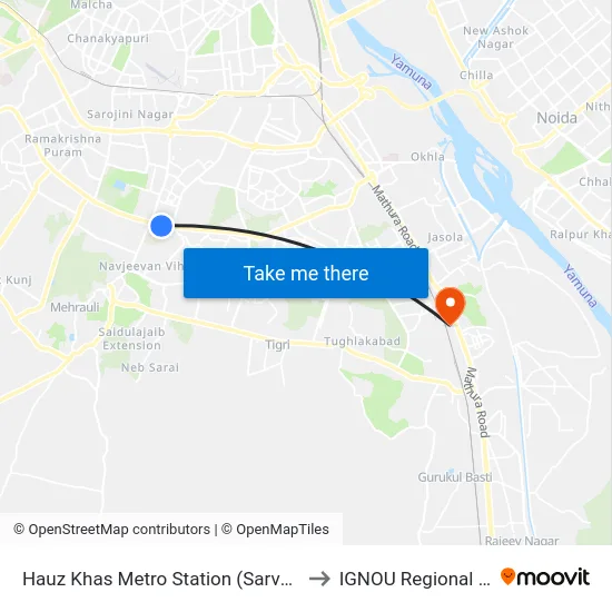 Hauz Khas Metro Station (Sarvpriya Vihar) to IGNOU Regional Center map