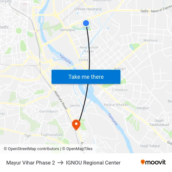 Mayur Vihar Phase 2 to IGNOU Regional Center map