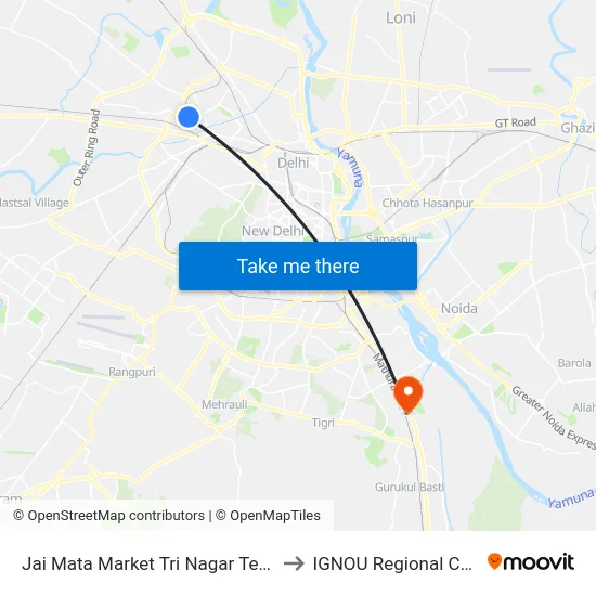 Jai Mata Market Tri Nagar Terminal to IGNOU Regional Center map