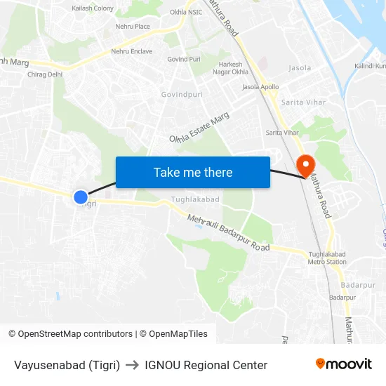 Vayusenabad (Tigri) to IGNOU Regional Center map