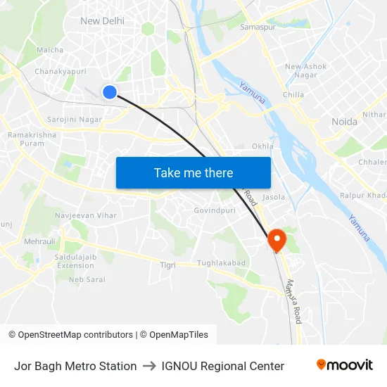 Jor Bagh Metro Station to IGNOU Regional Center map
