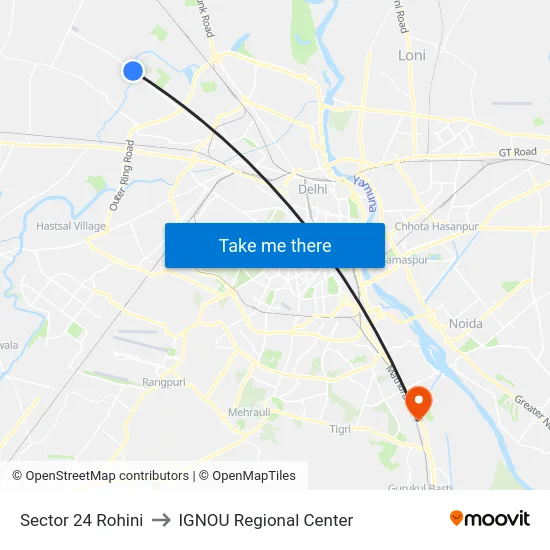 Sector 24 Rohini to IGNOU Regional Center map