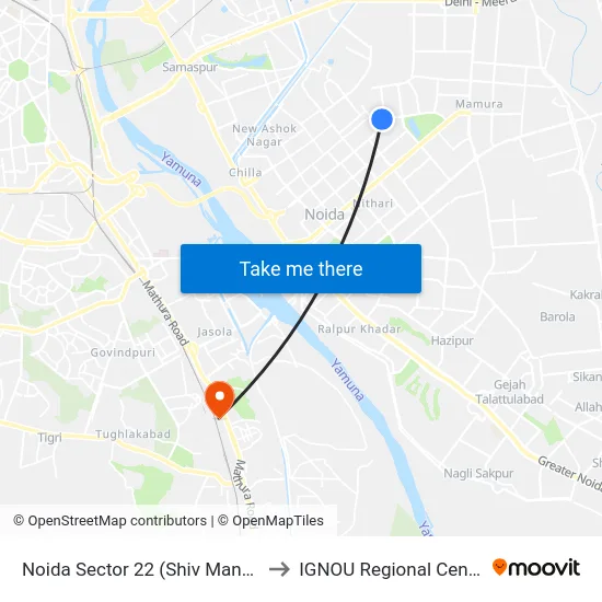 Noida Sector 22 (Shiv Mandir) to IGNOU Regional Center map