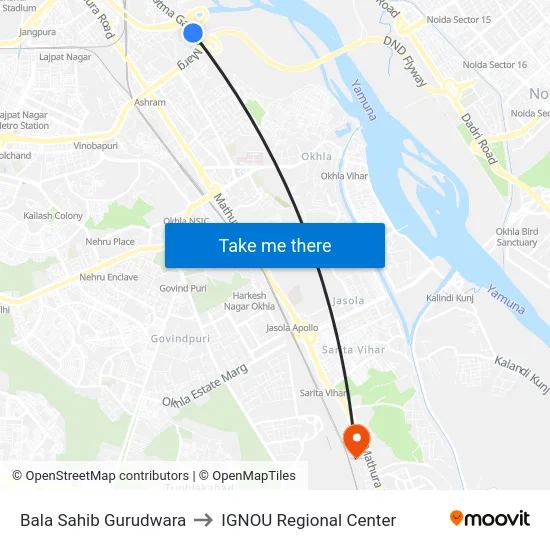 Bala Sahib Gurudwara to IGNOU Regional Center map
