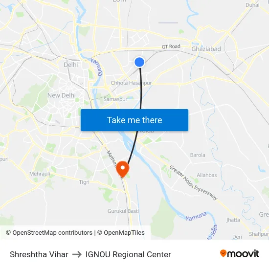 Shreshtha Vihar to IGNOU Regional Center map