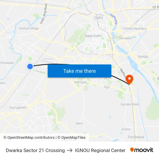 Dwarka Sector 21 Crossing to IGNOU Regional Center map