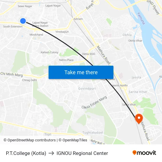 P.T.College (Kotla) to IGNOU Regional Center map