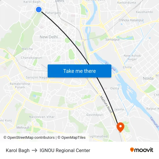 Karol Bagh to IGNOU Regional Center map